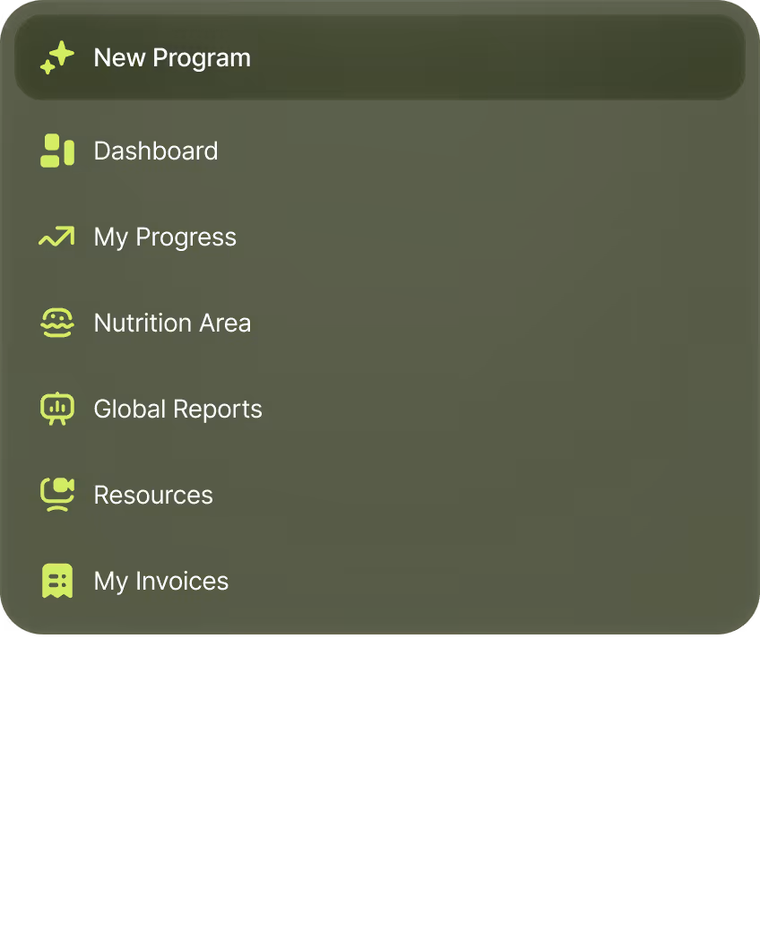 Sidebar menu with options: New Program, Dashboard, My Progress, Nutrition Area, Global Reports, Resources, My Invoices.
