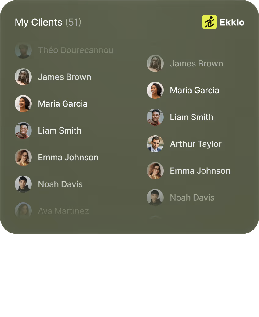 A client list layout with profile photos and names like James Brown, Maria Garcia, Liam Smith, Emma Johnson.