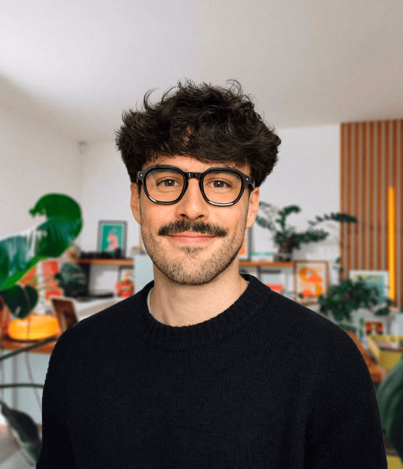 Smiling man with curly dark hair, mustache, and black glasses wearing a black sweater indoors.