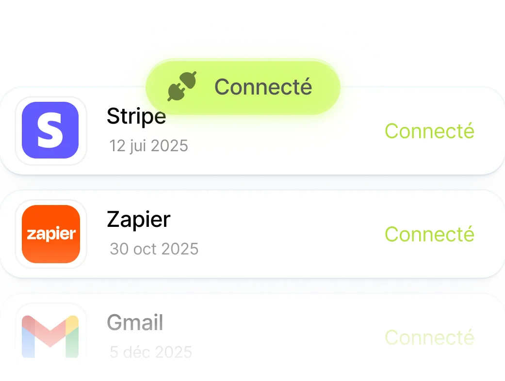 App list showing Stripe and Zapier connected with dates, Gmail grayed out indicating not connected.