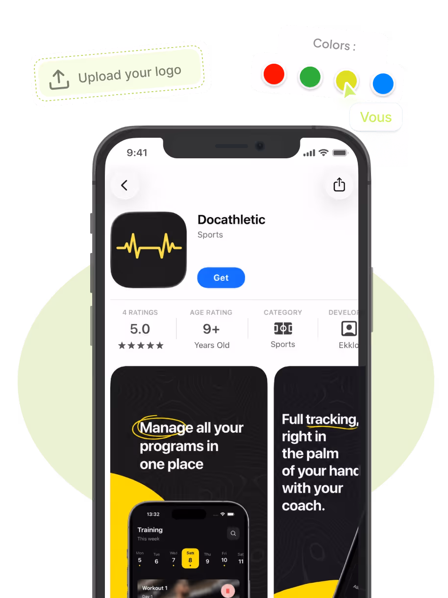 Mobile screen showing Docathletic sports app with 5-star rating, full program management, and tracking features.